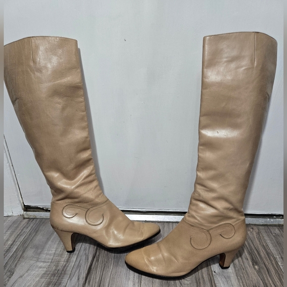 Vintage Salvatore Ferragamo Leather Riding Boots Light Taupe Italy Sz 10 - Picture 1 of 15